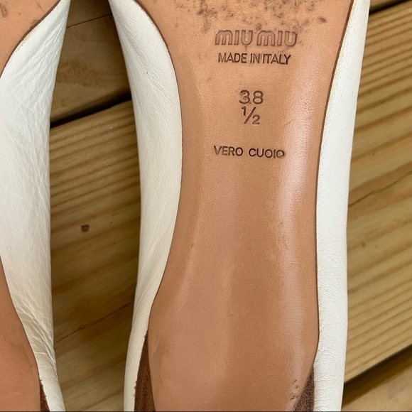 Miu Miu by Prada White Navy Blue Stripe Ribbon Heels Shoes Italy 38.5 Leather - Picture 11 of 14